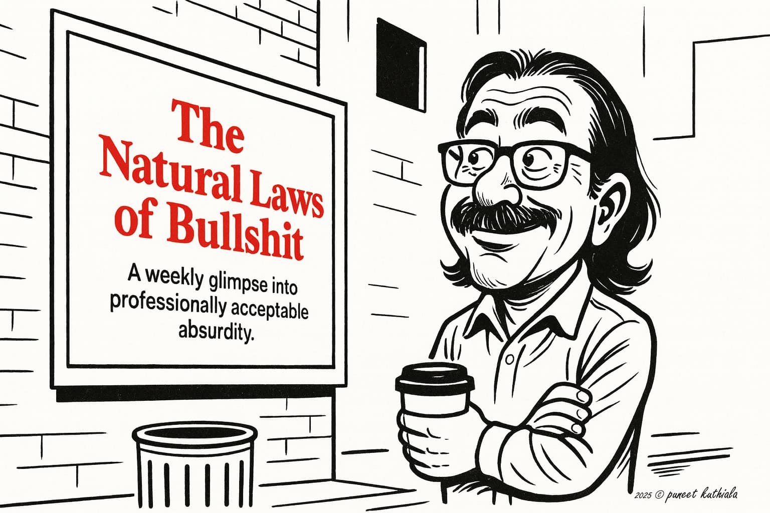 the natural laws of bullshit_25 Thought-provoking cartoon of a man with glasses reading a coffee cup outside a sign that reads "The Natural Laws of Bullshit.".