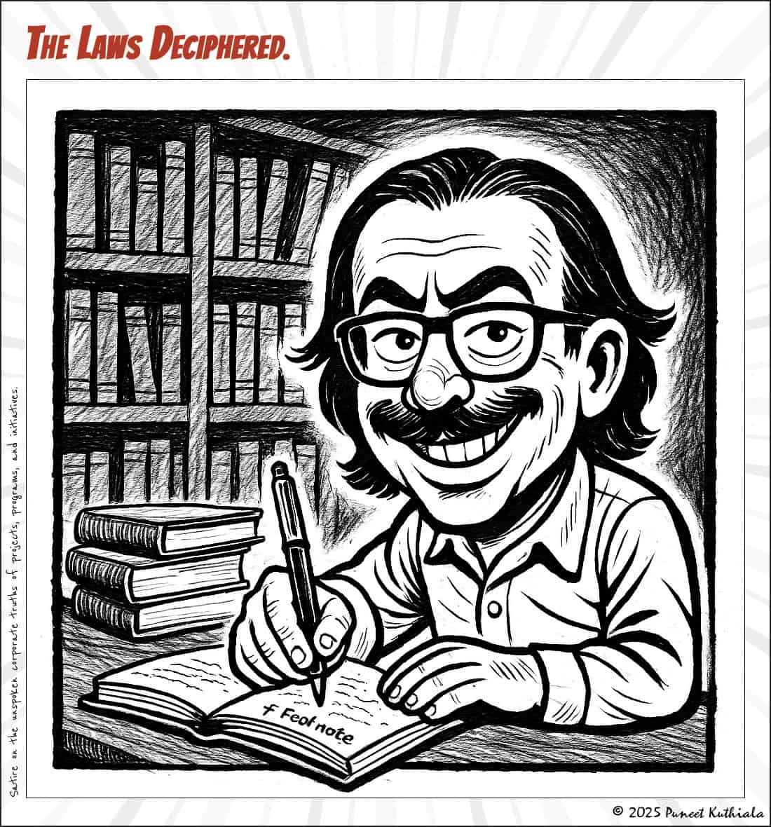 Insightful black-and-white caricature of Puneet Kuthiala, writer on influence and power, writing in a library.
