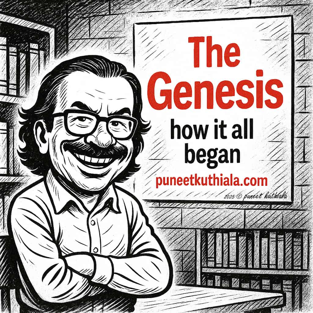 Thoughtful and creative cartoon illustration of Puneet Kuthiala with a bookcase in the background and a book cover titled "The Genesis".